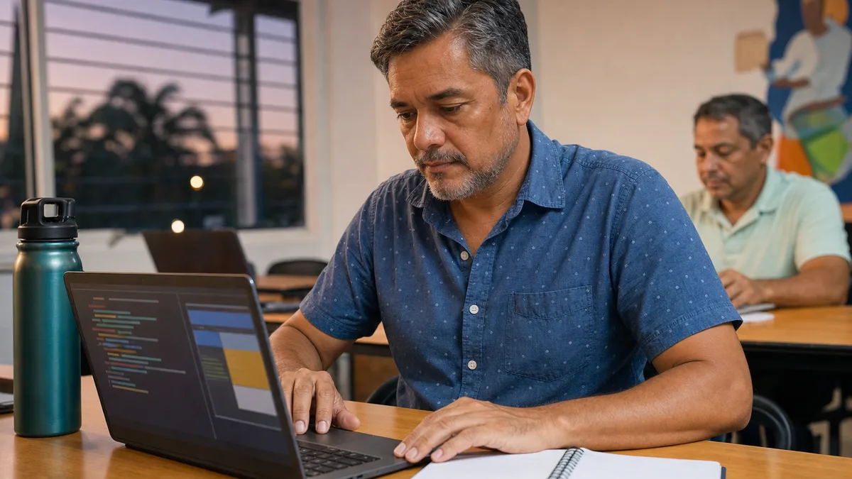 Adulto estudia programación en una laptop durante una clase nocturna con otro participante al fondo.