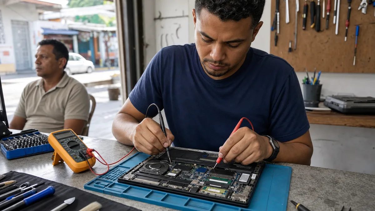 Técnico independiente diagnostica una laptop abierta con multímetro y herramientas en un pequeño taller.
