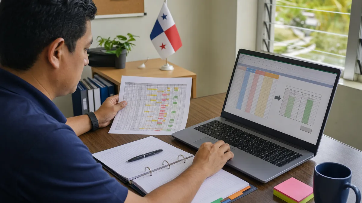 Empleado compara una tabla impresa con una hoja de cálculo reorganizada automáticamente en una laptop.