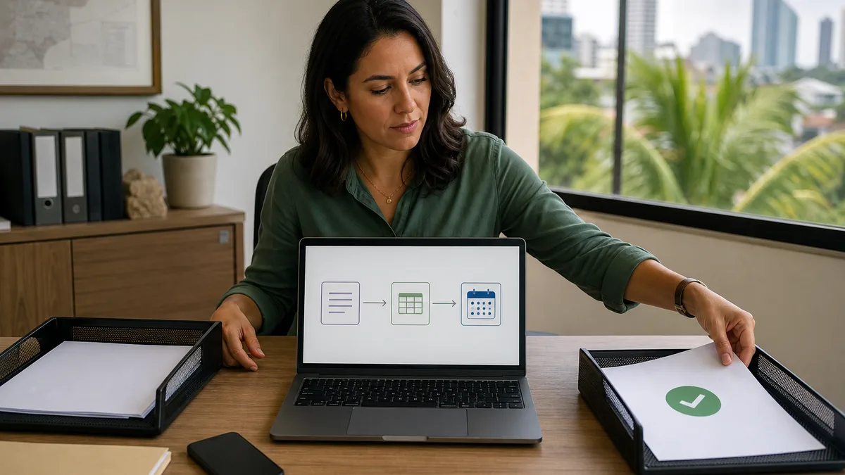 Profesional organiza documentos mientras una laptop muestra un flujo automático entre formulario, tabla y calendario.