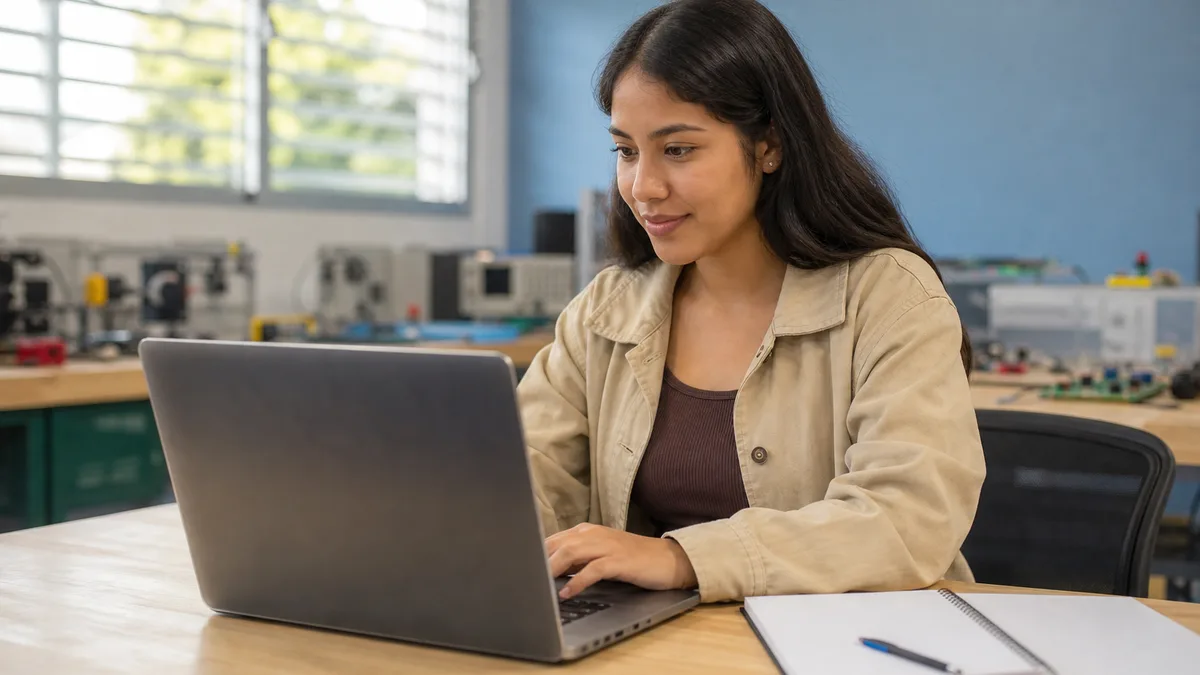 Estudiante latina usando una laptop en un aula comunitaria de tecnología.