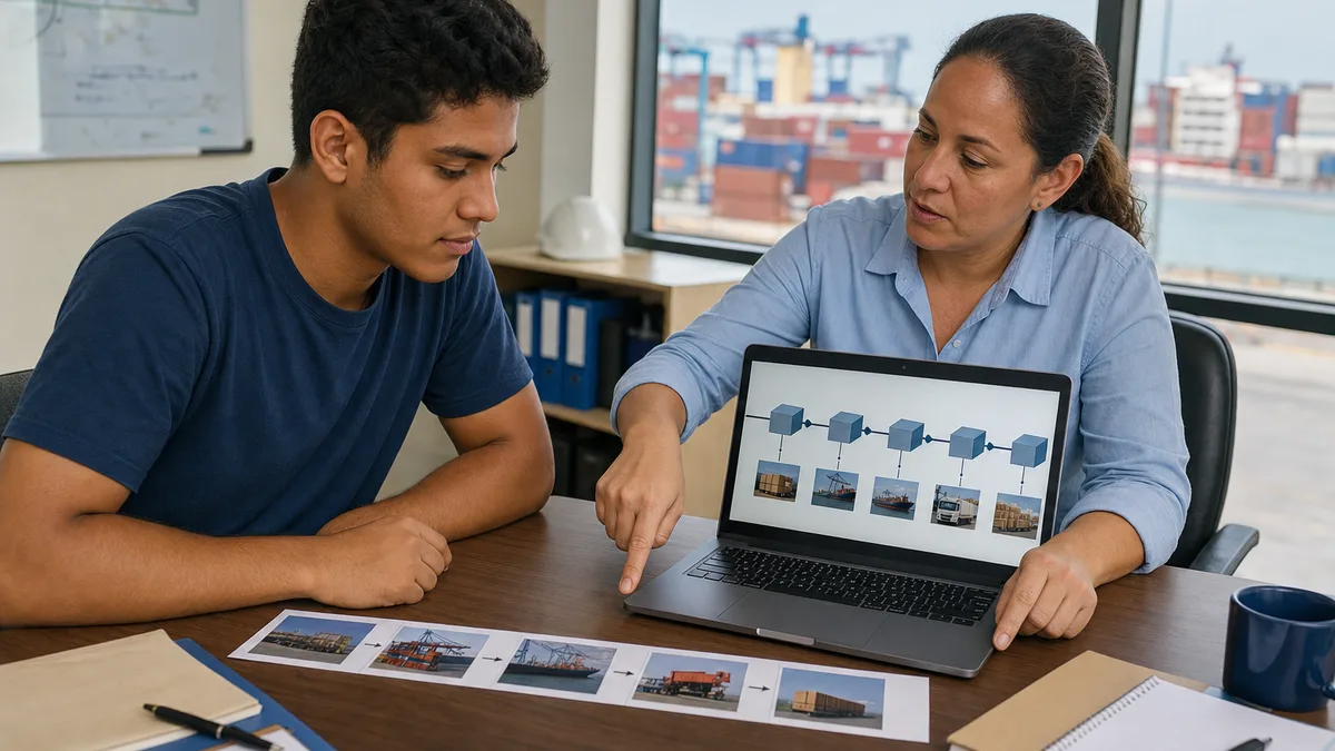 Instructor explica a un estudiante cómo una cadena de registros digitales puede rastrear un envío logístico.