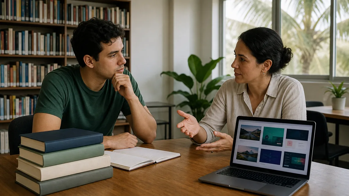 Estudiante conversa con una orientadora mientras compara libros universitarios y proyectos prácticos en una laptop.