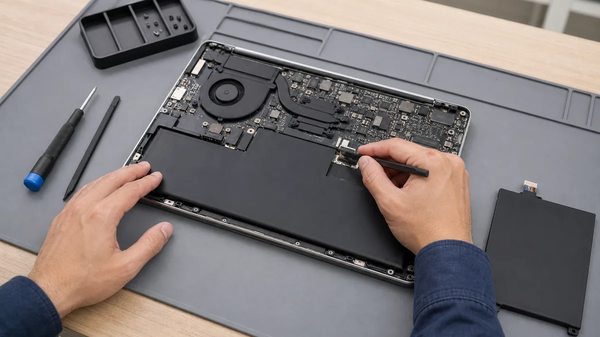 Técnico desconecta con una herramienta plástica la batería interna de una laptop abierta y sin corriente.