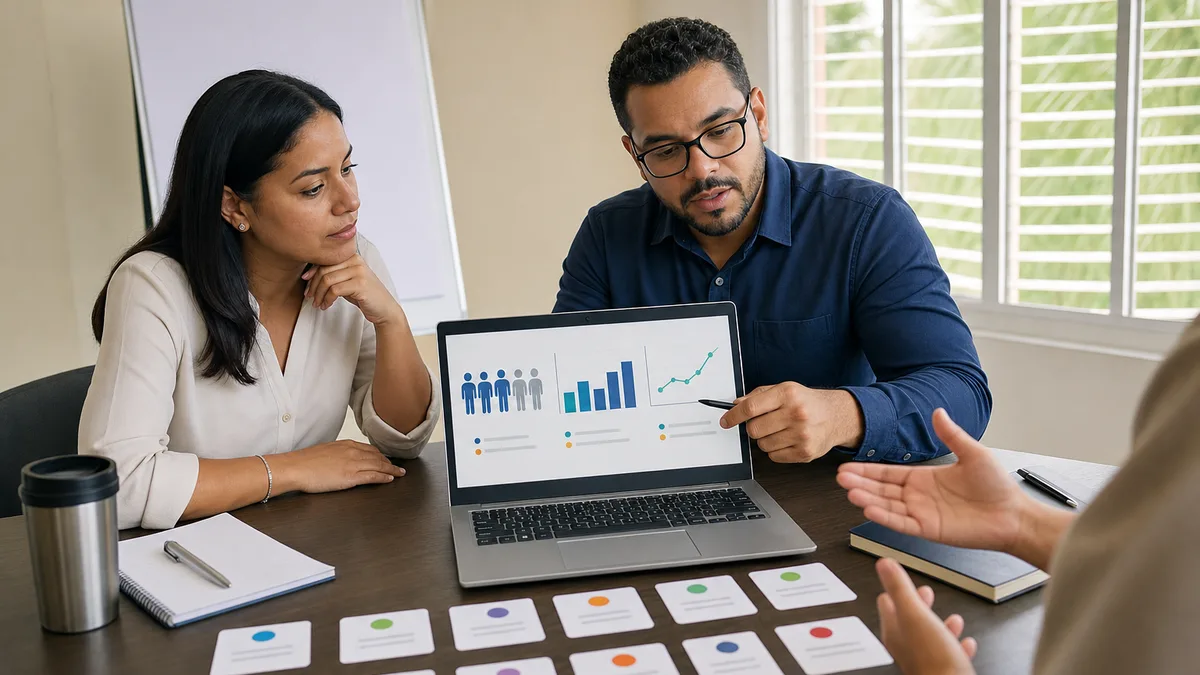 Profesionales de recursos humanos analizan indicadores anónimos de personal en una laptop durante una capacitación.