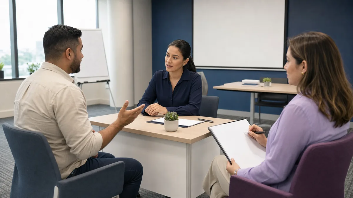 Profesionales latinoamericanos practican atención al cliente mediante un role-play supervisado en una sala de capacitación.