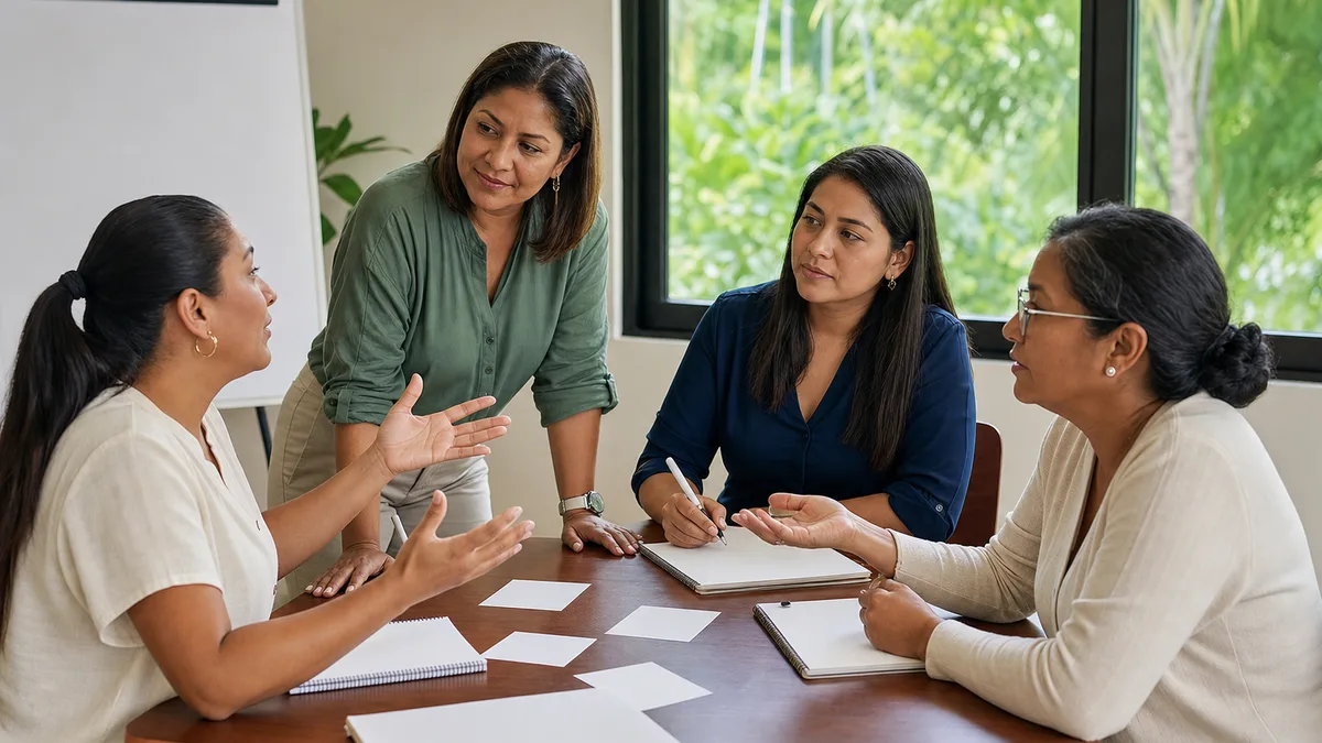 Cuatro mujeres practican comunicación y negociación en un taller de liderazgo con acompañamiento entre pares.