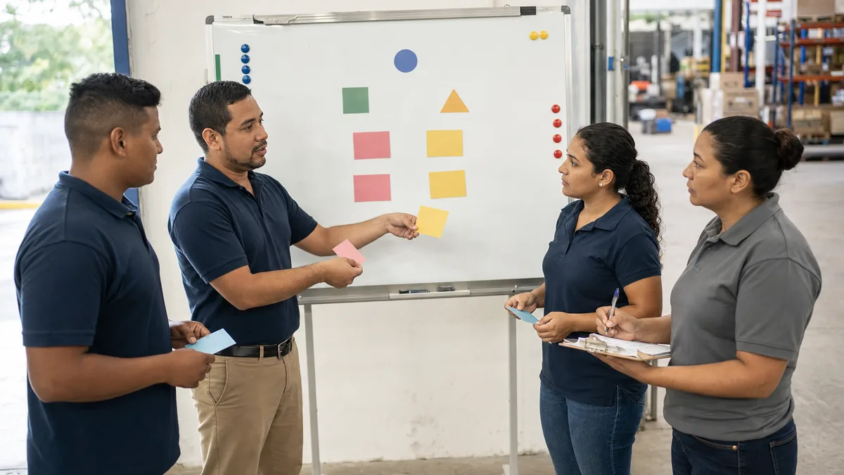 Supervisor practica una reunión breve de turno con su equipo usando tarjetas de tareas y retroalimentación directa.
