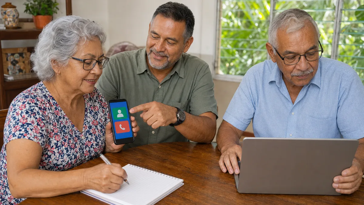Dos adultos mayores practican el uso de un teléfono y una laptop con la guía paciente de un instructor.