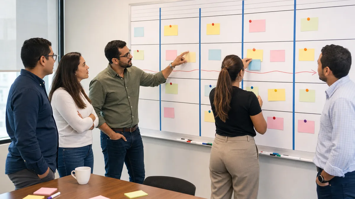 Equipo profesional organiza tareas en un tablero físico de Scrum y Kanban durante una sesión ágil.