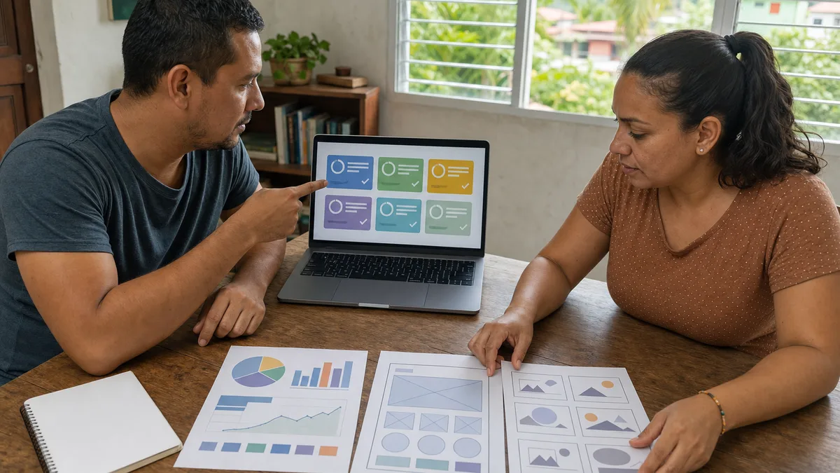 Estudiante y mentor relacionan módulos de aprendizaje en una laptop con proyectos prácticos para un portafolio.