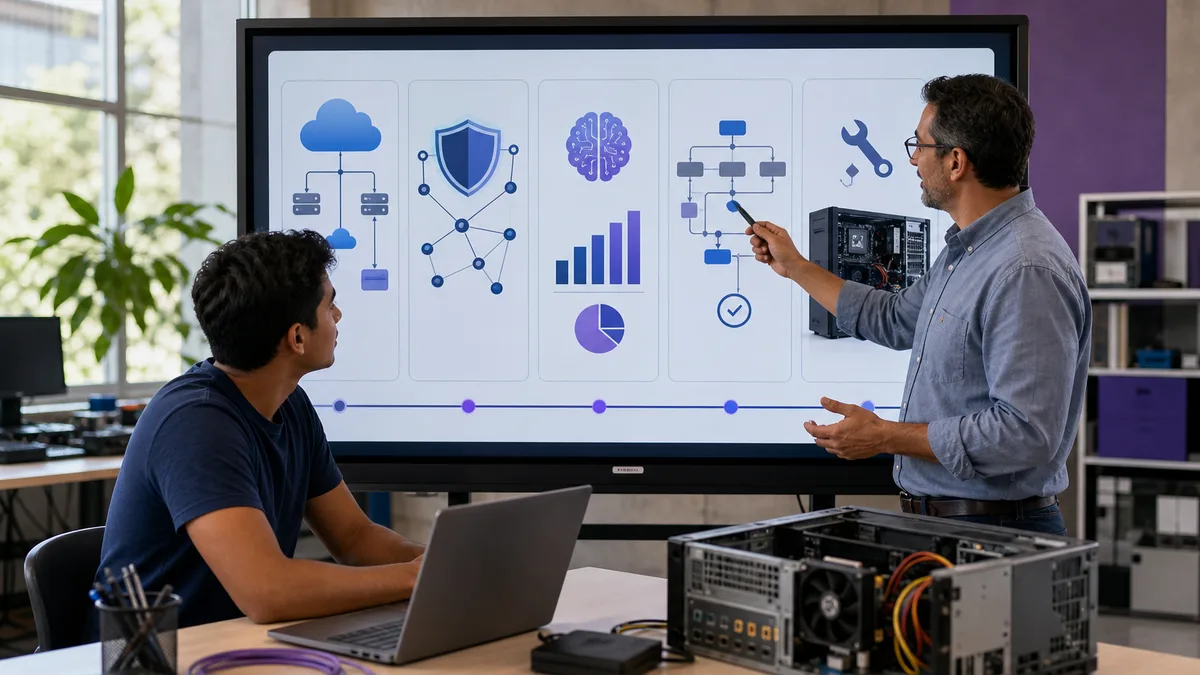 Mentor guía a un estudiante por una ruta práctica de certificaciones en nube, ciberseguridad, datos, proyectos y soporte técnico.