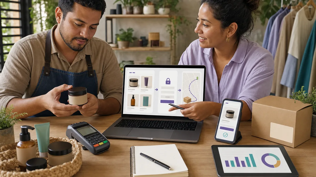 Emprendedor y mentora conectan catálogo, pago, entrega y métricas para lanzar una tienda en línea.