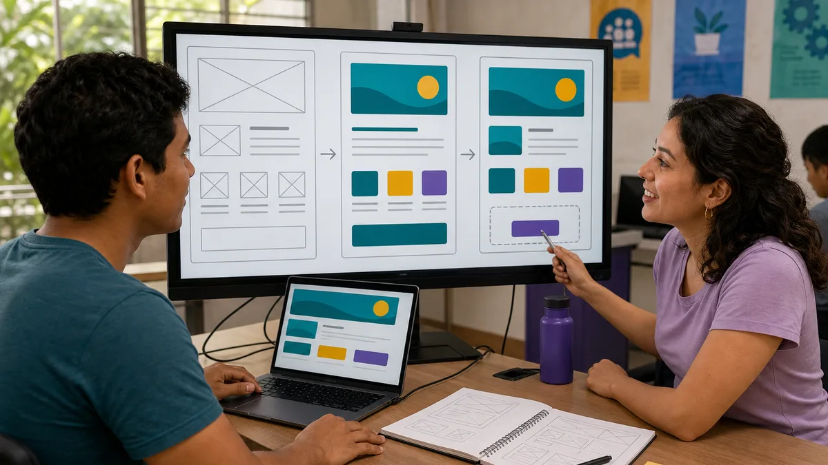 Instructor guía a un principiante desde el boceto de una página hasta su diseño e interacción en pantalla.