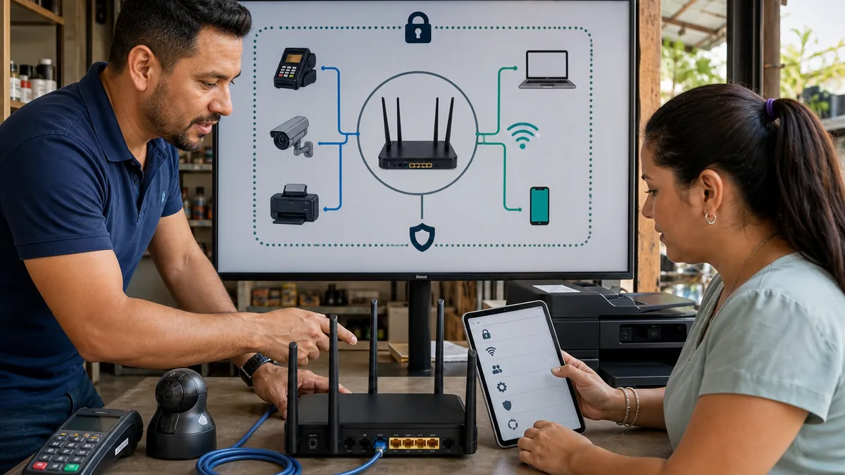 Técnico y dueña de microempresa configuran un router con redes separadas para caja, cámara, impresora y visitantes.