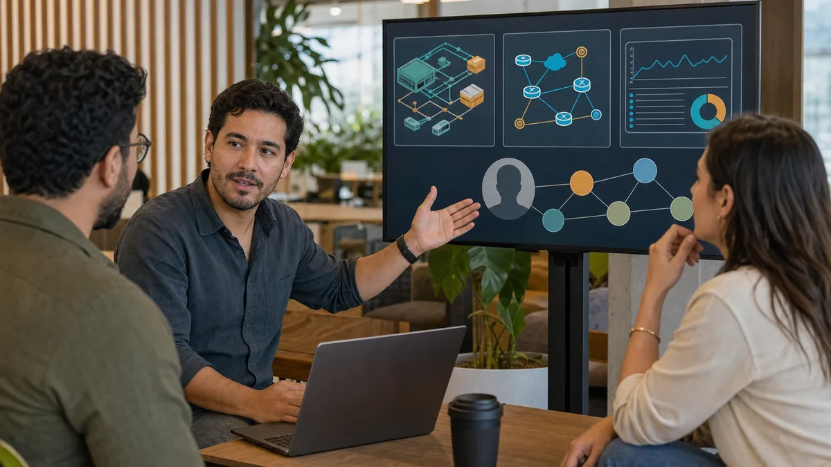 Profesional técnico presenta a dos colegas un portafolio de proyectos de software, redes y análisis de datos junto a un mapa de contactos.