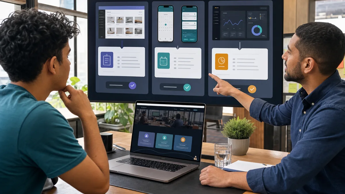 Mentor revisa con un programador tres proyectos documentados de inventario, citas móviles y finanzas.