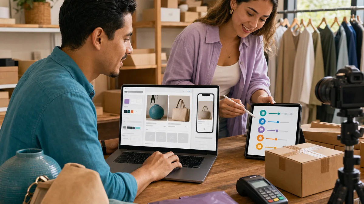 Emprendedores preparan catálogo, vista móvil, pagos y envío para lanzar una tienda en línea sin programar.