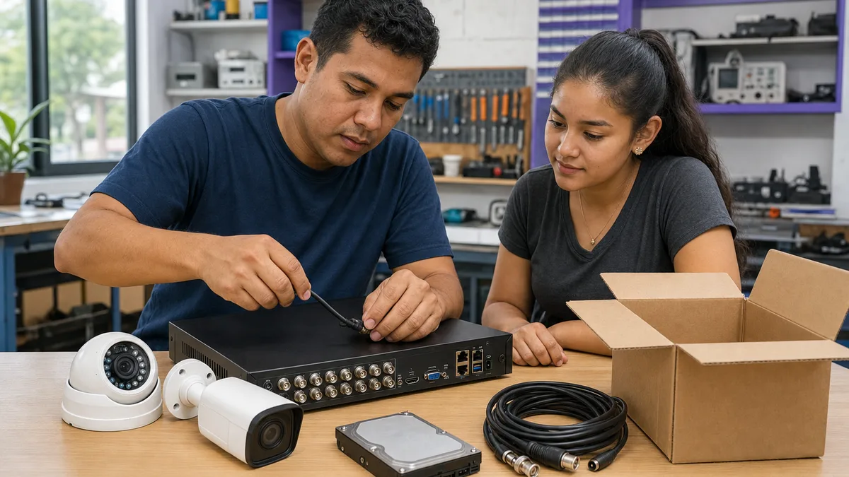 Joven técnico revisa un DVR usado junto a una estudiante, dos cámaras CCTV, disco duro y cables preparados para donación educativa.