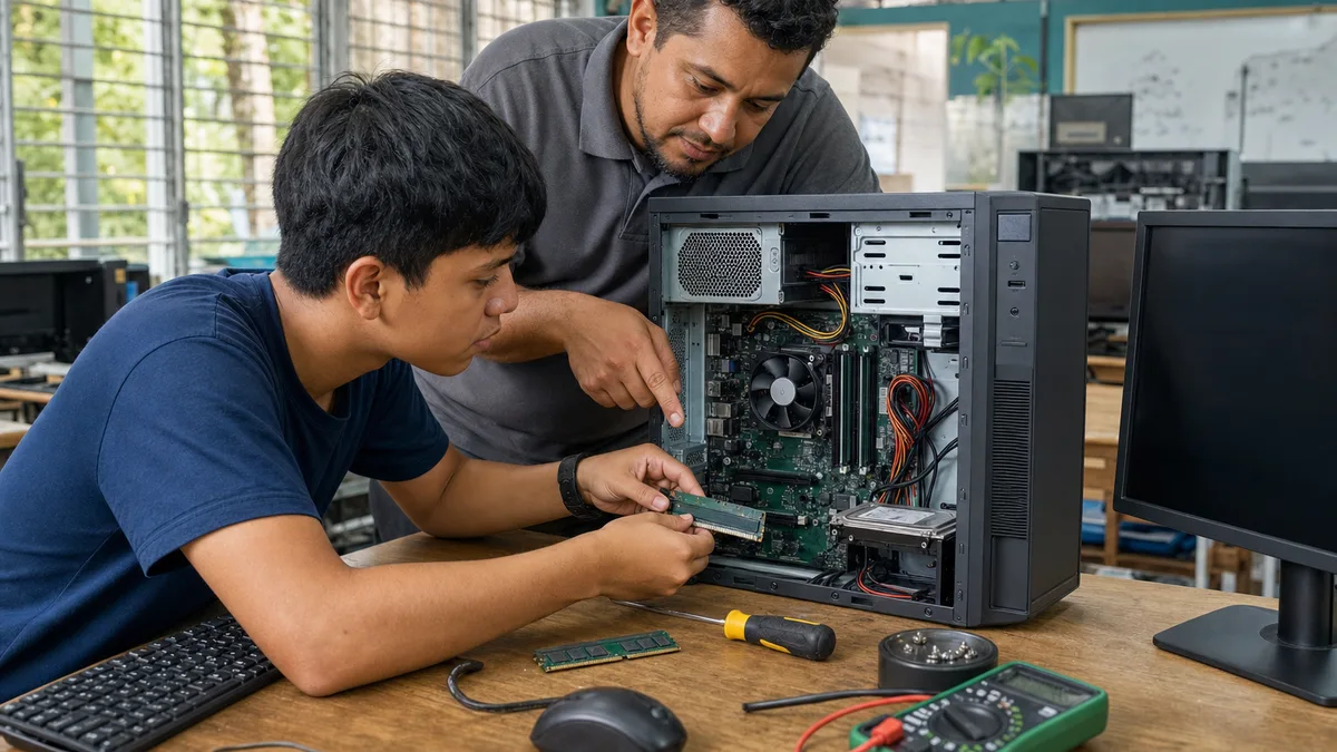 Estudiante e instructor reutilizan un desktop donado para aprender diagnóstico, componentes y actualización de hardware.