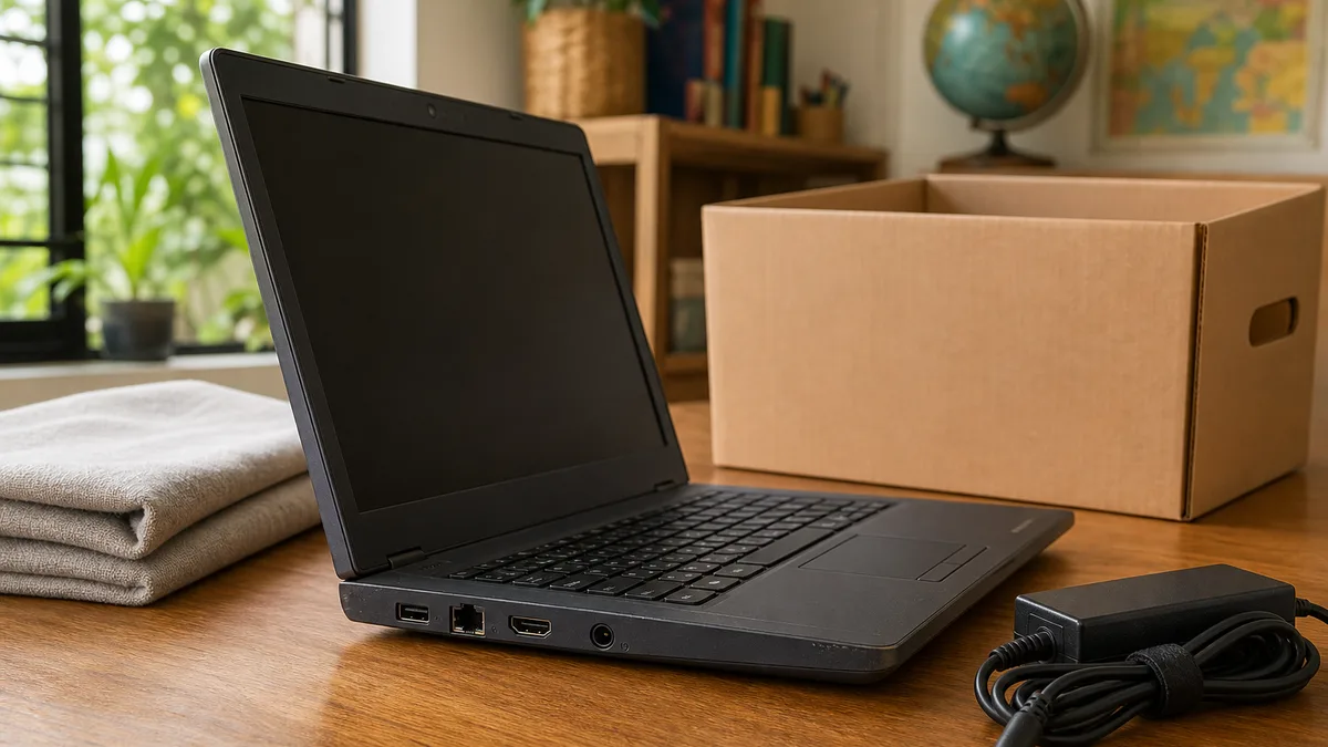 Laptop empresarial usada con cargador, preparada junto a una caja para donación educativa.