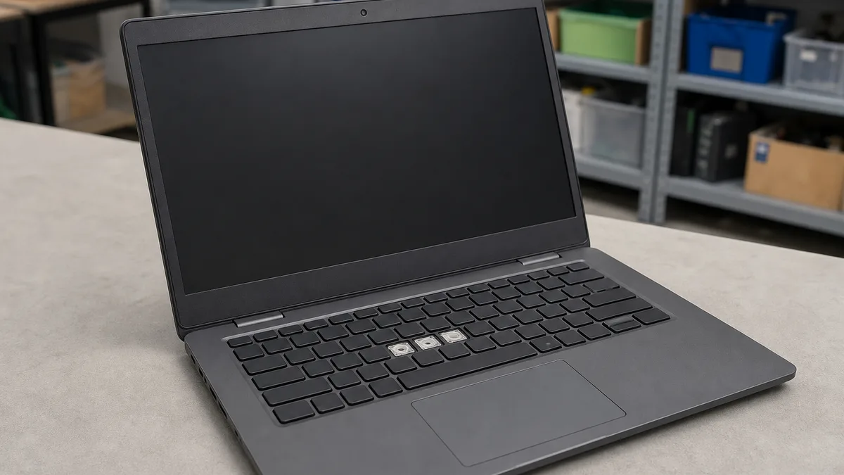 Laptop usada con tres teclas faltantes, preparada para evaluación y donación educativa.