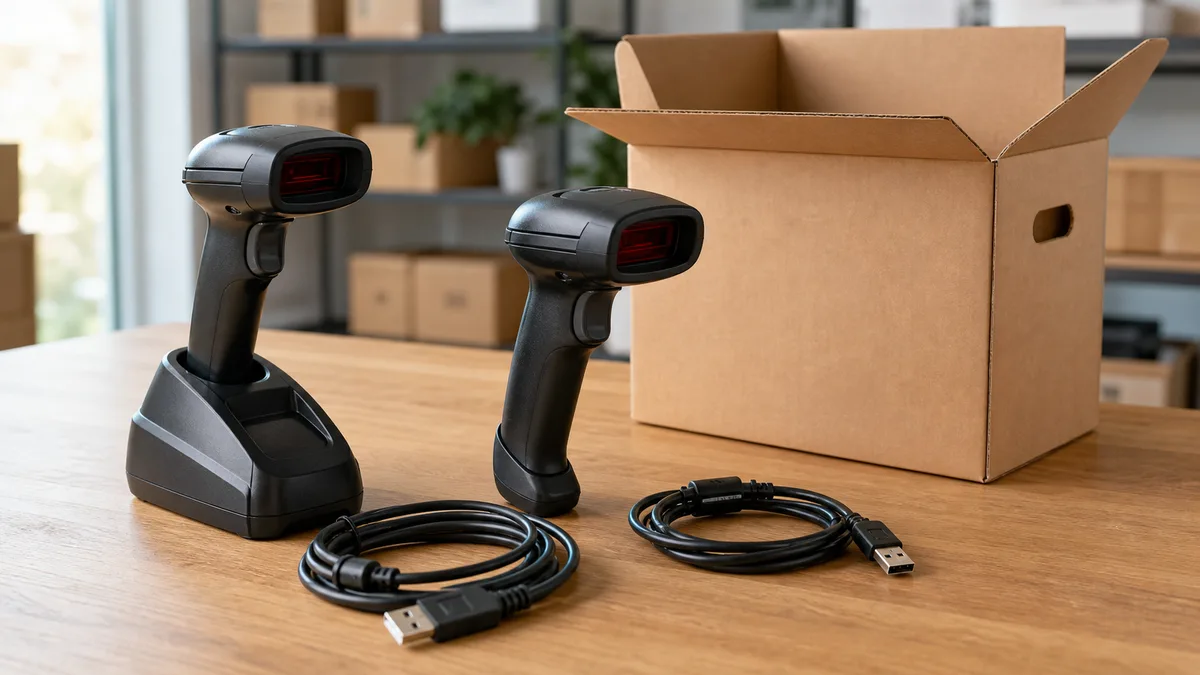 Lectores de códigos de barras de mano con base y cables USB, organizados para donación.
