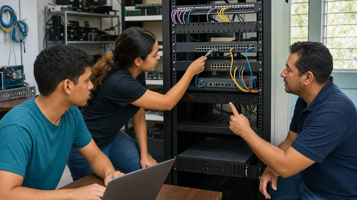 Estudiantes e instructor practican cableado y configuración con un rack, switches y servidor donados.