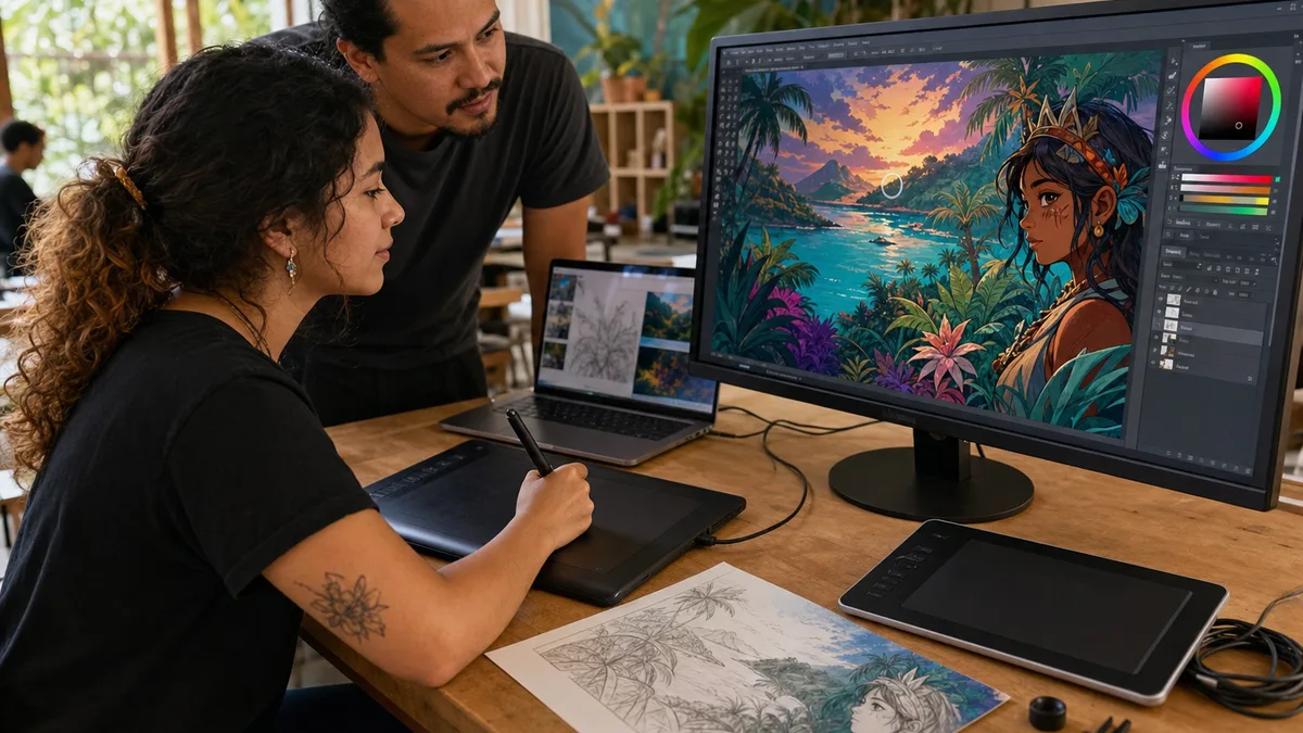 Estudiante convierte un boceto en una ilustración digital con una tableta gráfica donada y guía de su mentor.