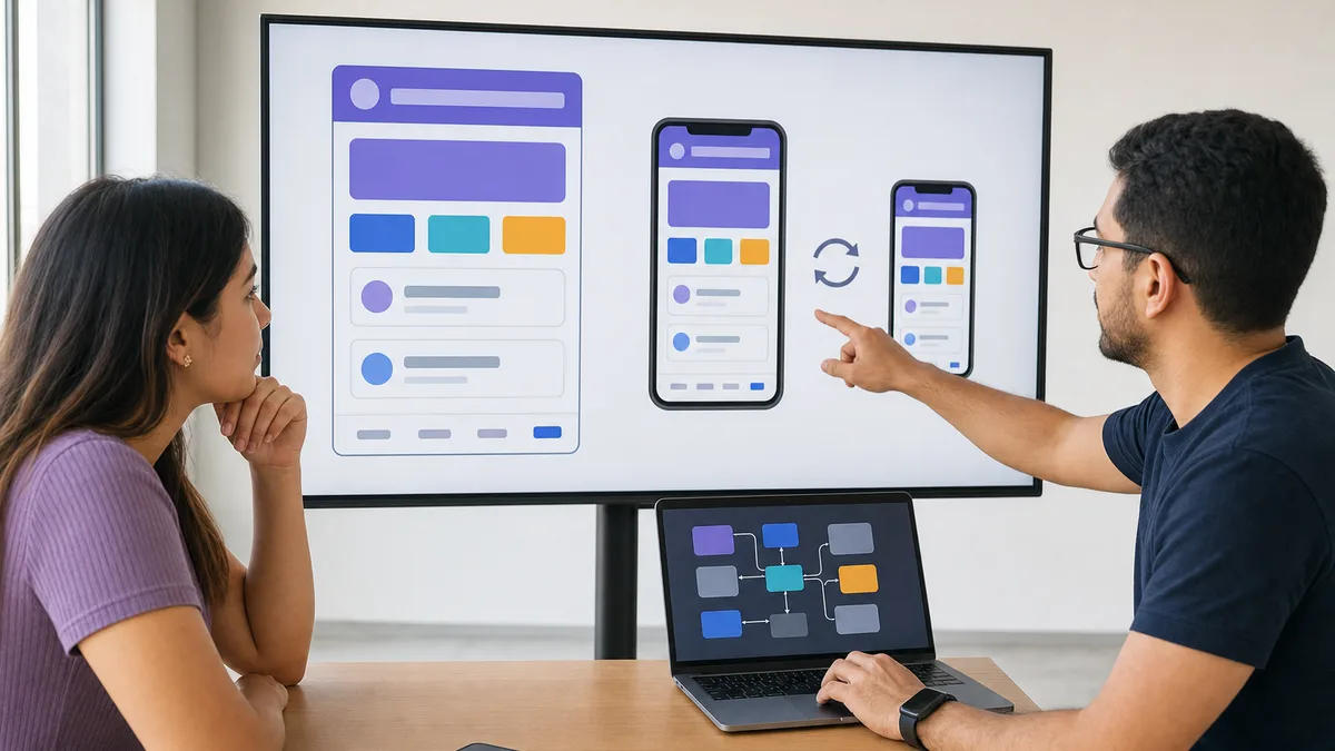 Mentor explica a una estudiante cómo combinar widgets y adaptar una aplicación a teléfonos de distintos tamaños.