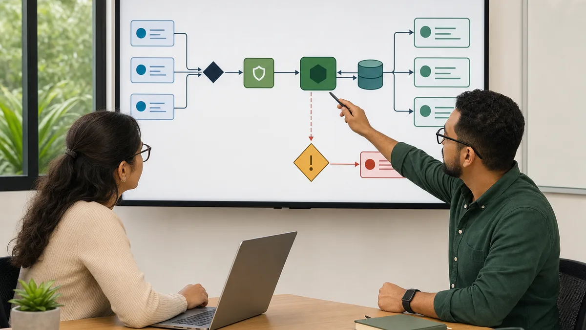Mentor explica a una estudiante el flujo de una API de inventario desde las solicitudes y validación hasta la base de datos, respuestas y errores.