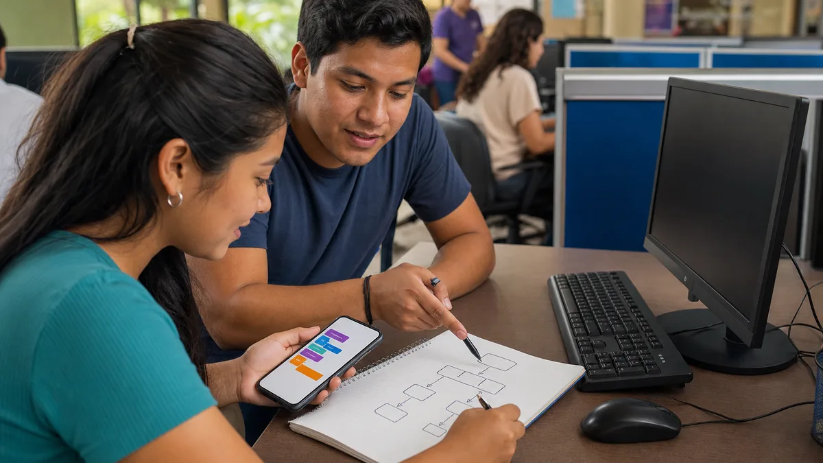 Joven aprende lógica con bloques en el teléfono y un diagrama en papel junto a un computador compartido.