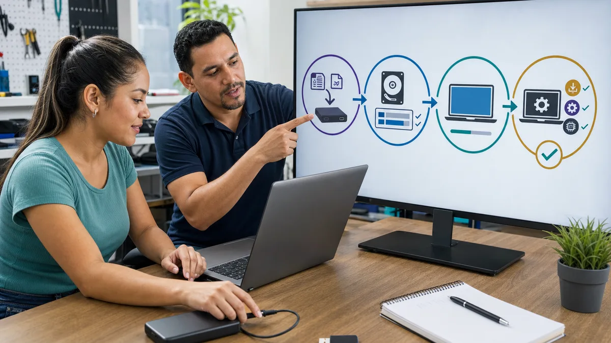 Técnica y estudiante priorizan el respaldo antes de particionar, reinstalar y actualizar una computadora.