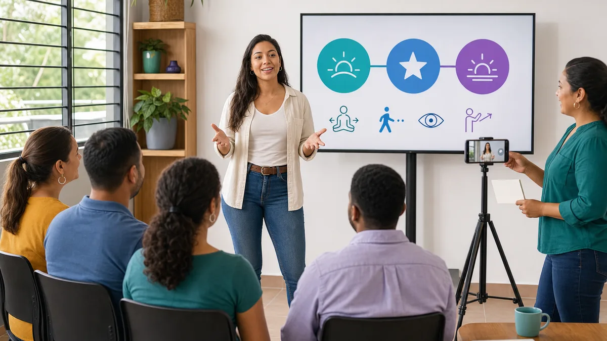 Participante practica una presentación ante un grupo mientras una facilitadora graba y prepara retroalimentación.