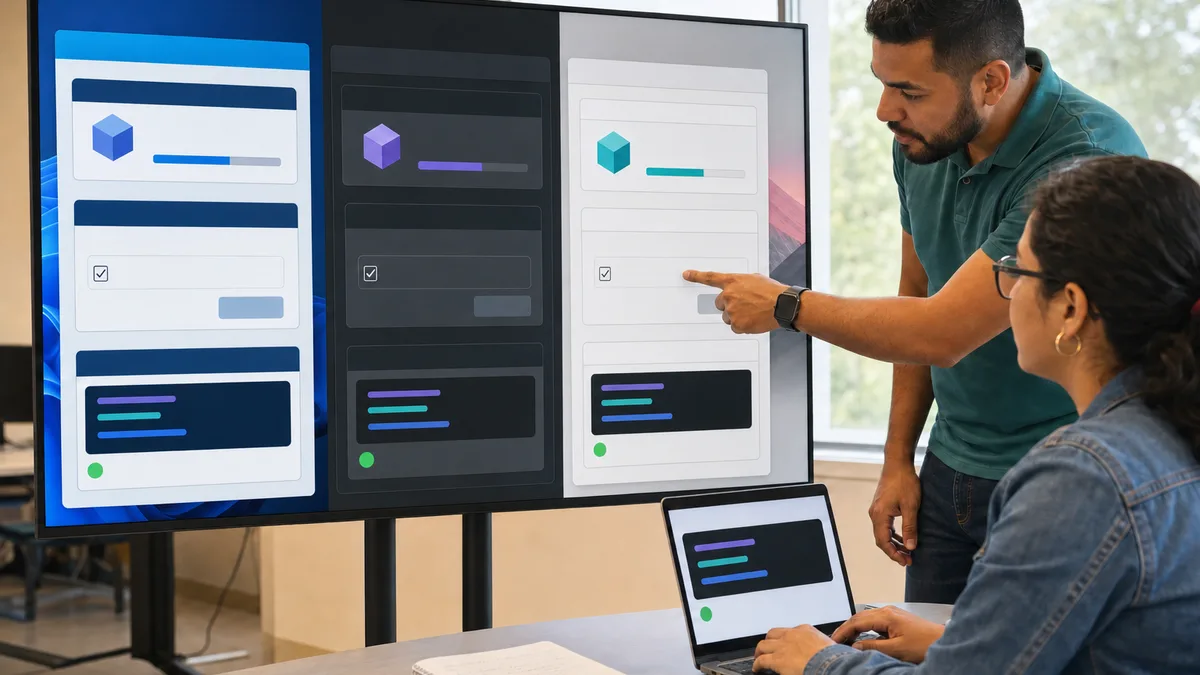 Mentor guía a una estudiante por tres secuencias de instalación y verificación de un entorno de programación en distintos sistemas operativos.