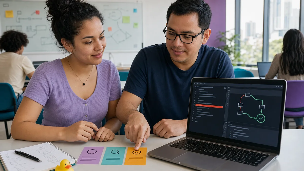 Mentor ayuda a una estudiante a dividir un error de programación en pasos de diagnóstico hasta encontrar una ruta corregida.
