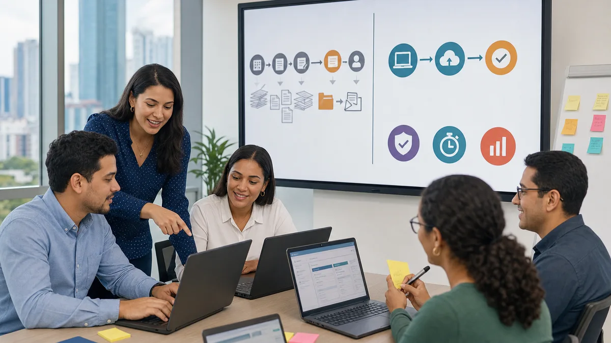 Equipo practica un nuevo flujo digital mientras una líder interna compara el proceso manual con resultados de menos errores y mayor agilidad.