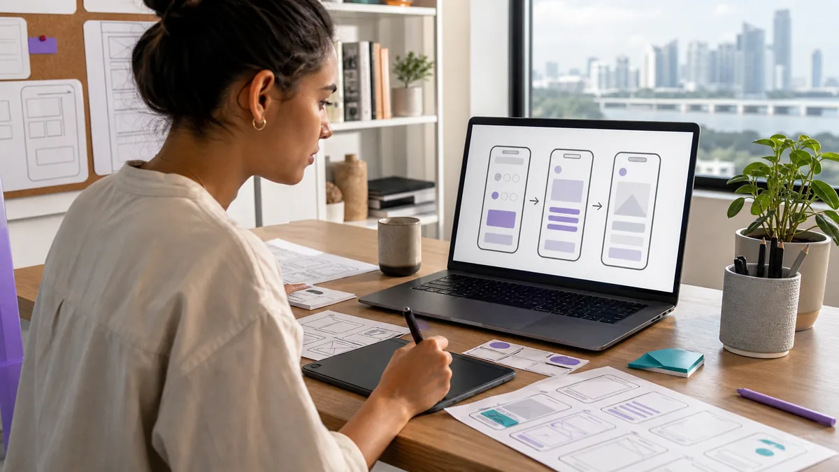 Diseñadora latinoamericana crea un flujo de tres pantallas móviles con wireframes y formas sin texto.