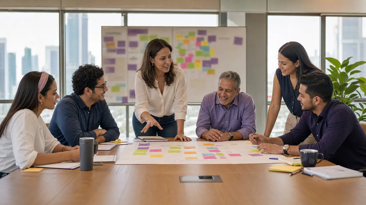 Equipo latinoamericano participa en un taller práctico de cultura organizacional en una oficina.
