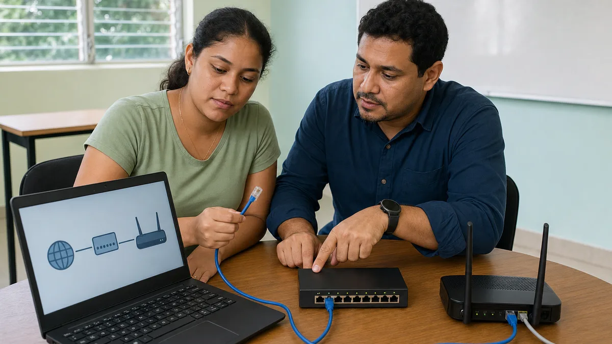 Estudiante revisa un cable Ethernet mientras el instructor señala el puerto correcto de un switch junto al router.