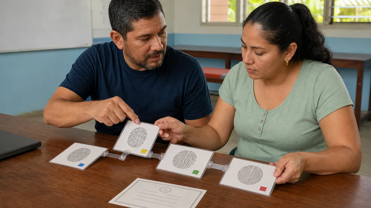 Instructor y estudiante comprueban cómo una tarjeta modificada rompe la secuencia de registros enlazados.