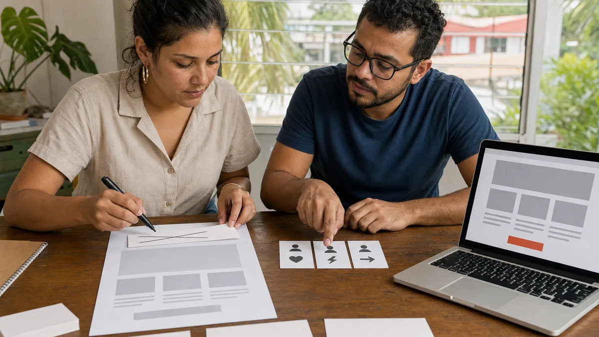 Participante y mentor revisan una propuesta breve según necesidades del público y la estructura de una página digital.