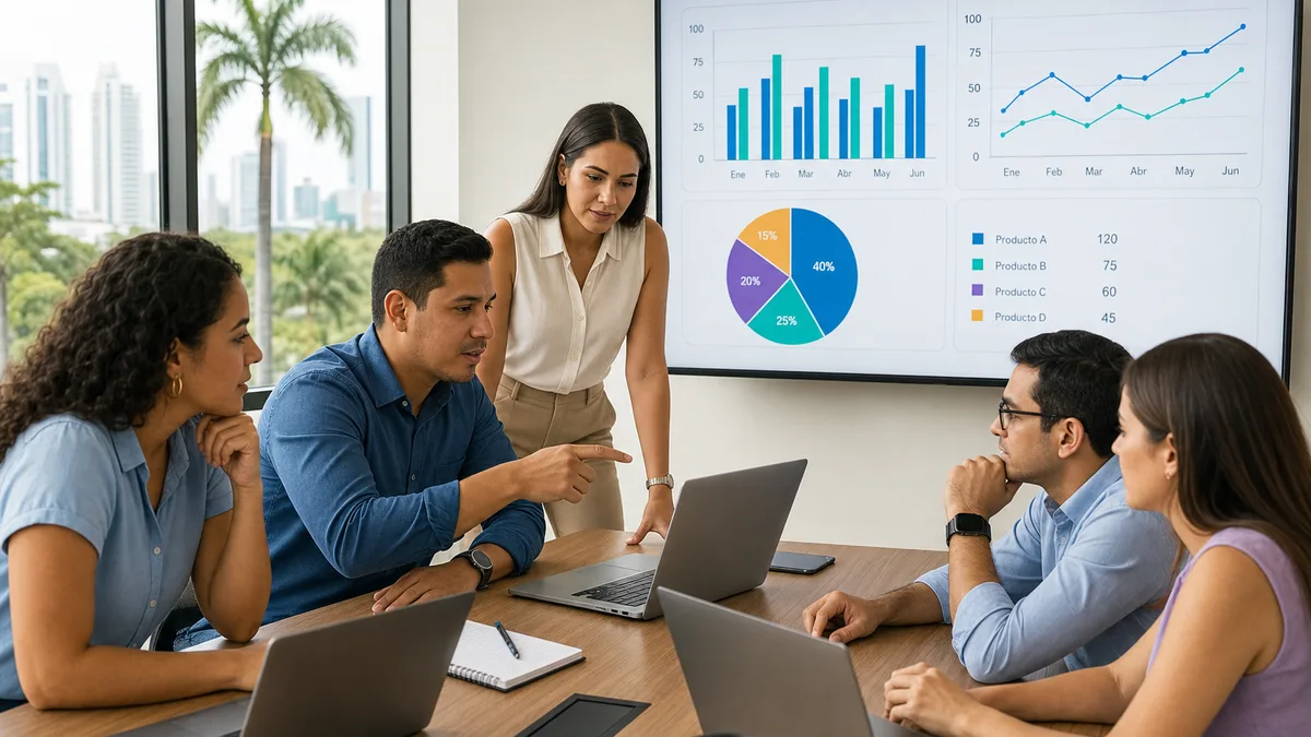 Equipo analizando gráficos y tableros de datos durante una sesión de capacitación.