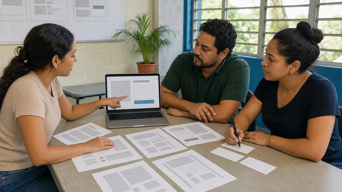 Tres participantes prueban y documentan un prototipo de página de contacto junto a sus wireframes en papel.