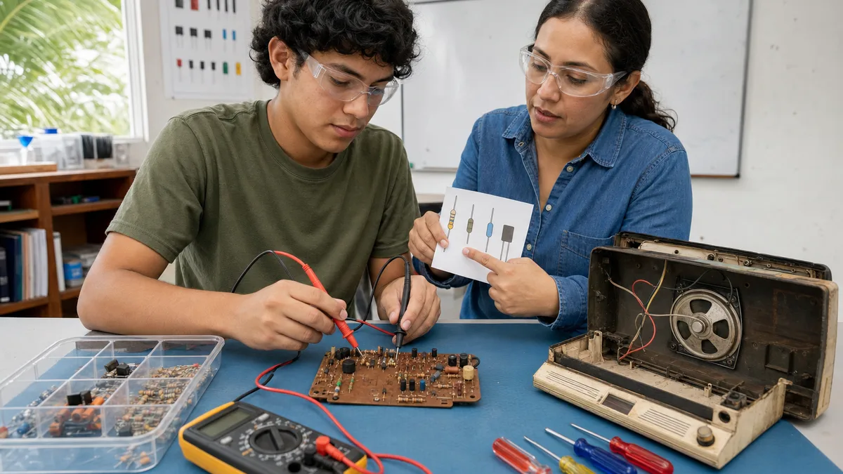 Estudiante mide componentes de una placa recuperada de un radio mientras la instructora explica su identificación.