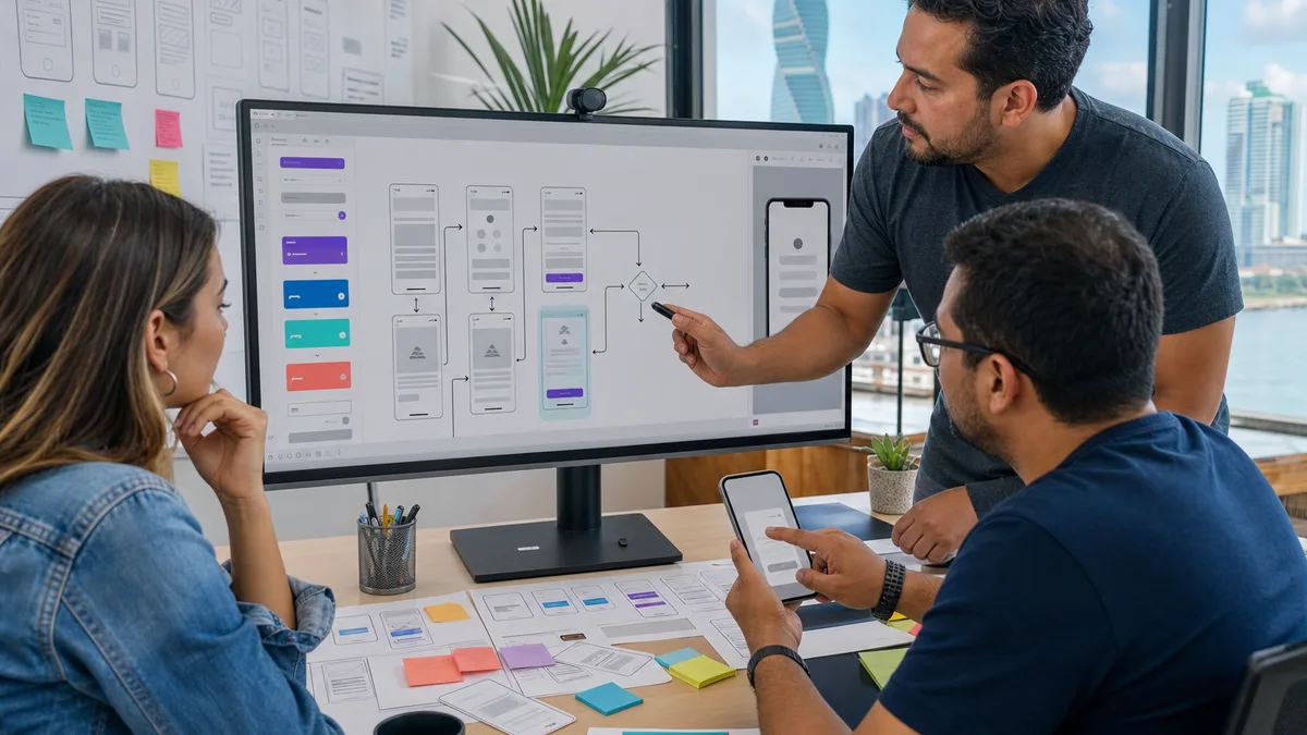 Mentor guía a dos participantes mientras revisan wireframes móviles, un flujo de prototipo y componentes de interfaz en un taller de UX.