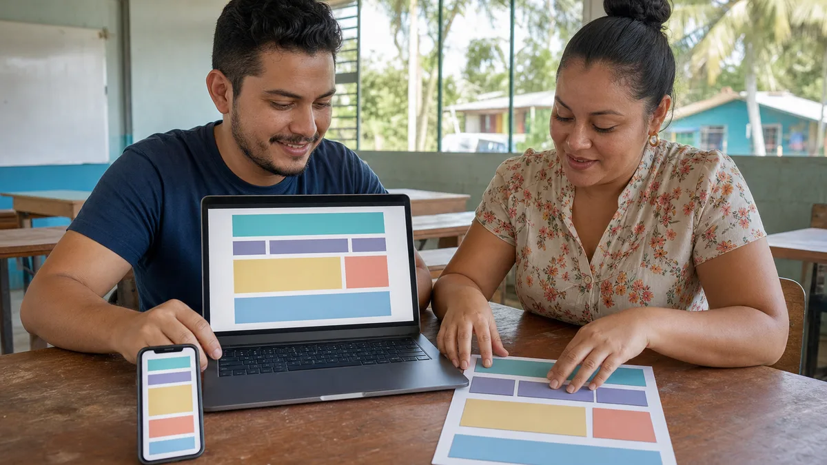 Dos participantes comparan la estructura de una página web en papel, laptop y teléfono para adaptar su diseño.