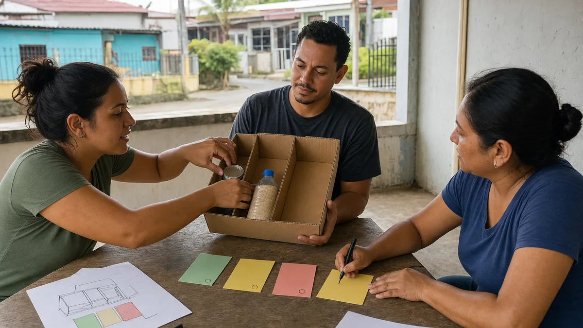 Emprendedor prueba un prototipo de cartón con una posible clienta mientras una mentora registra observaciones.