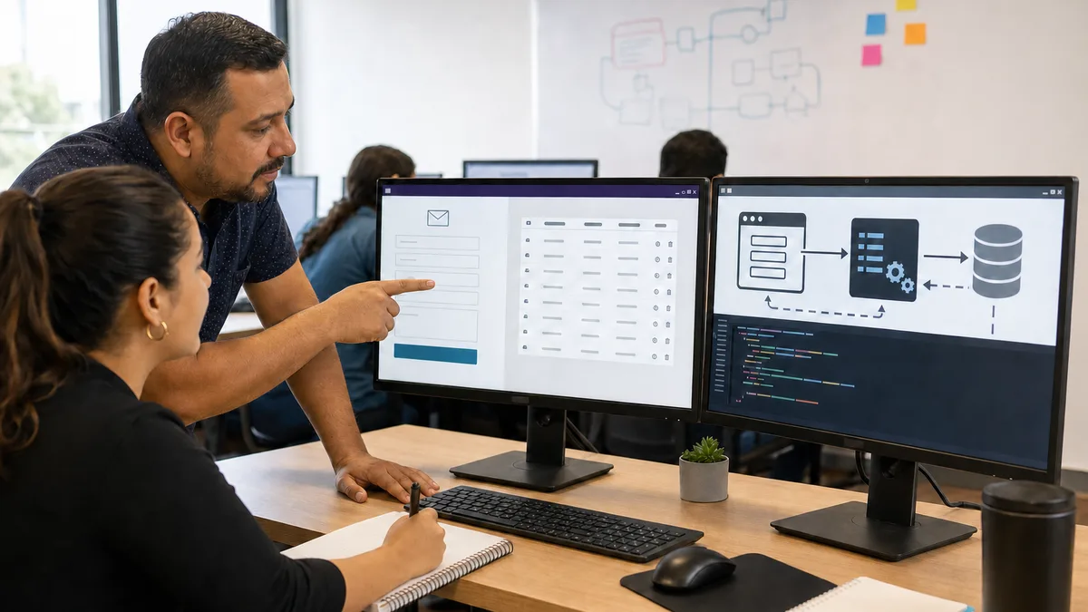 Mentor guía a una estudiante entre un formulario web, una tabla administrativa y el flujo del servidor hacia la base de datos.