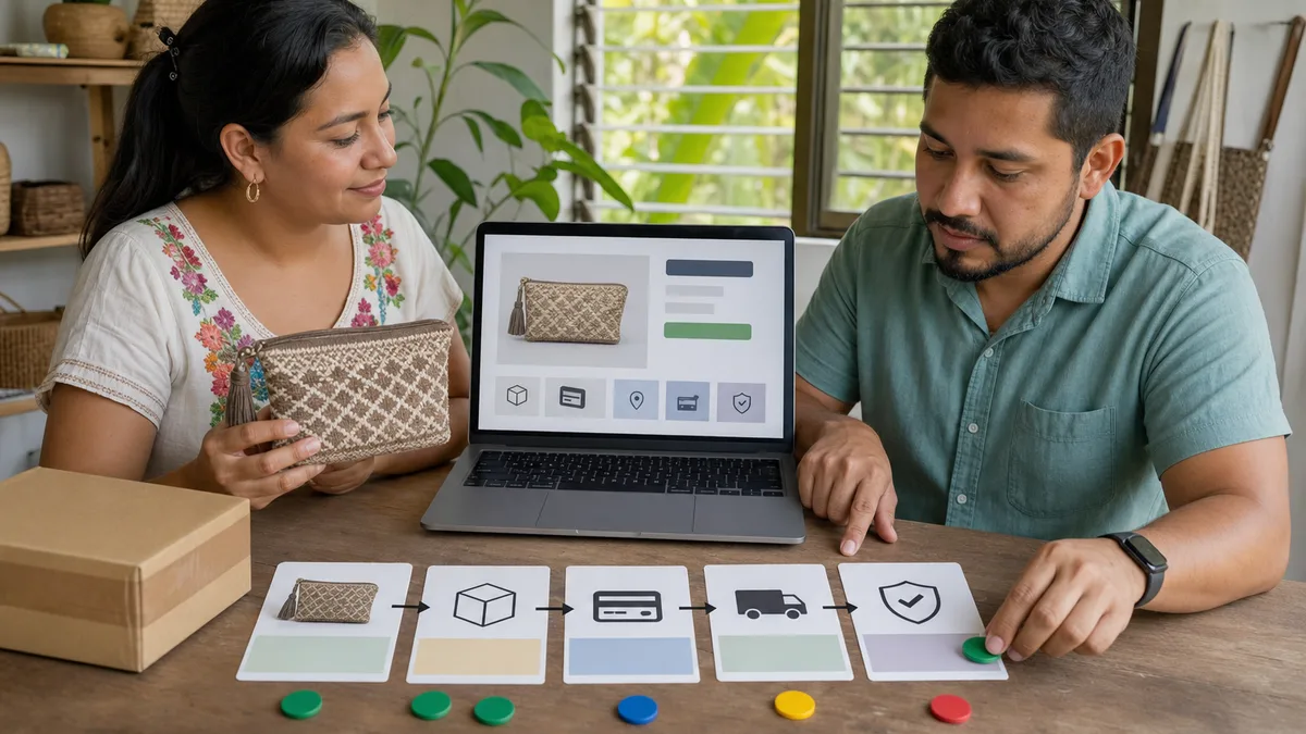 Emprendedora e instructor conectan un producto físico con catálogo, pago, envío y seguridad de una tienda en línea.